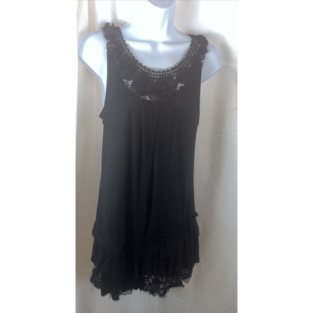 Luna Black Sleeveless Womens Tunic Top Lace Ruffle Flowers Appliqué Size L